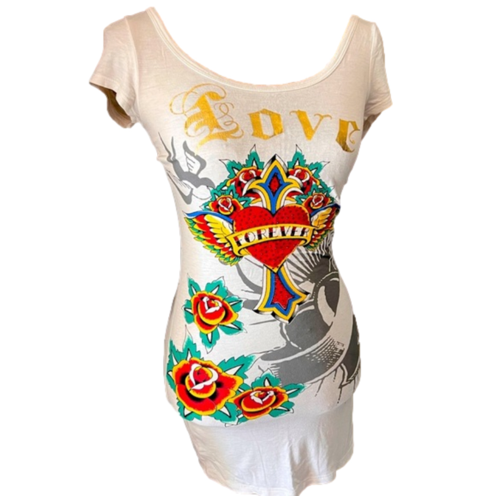 Urban Behavior Tattoo Design Tunic Short Sleeve Scoop Neck Good Condition Size S